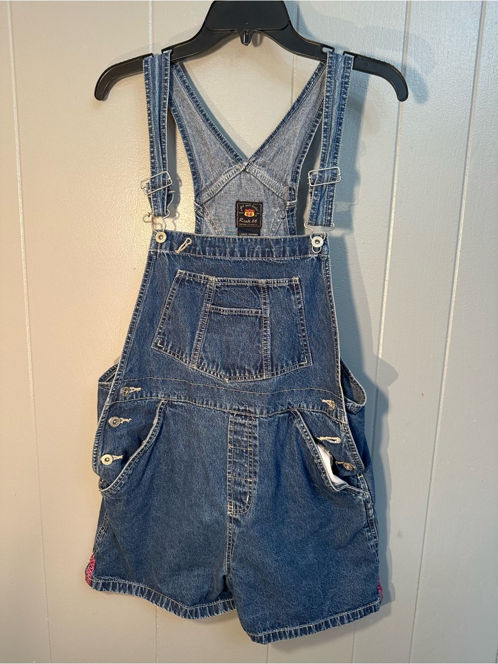Vintage Route 66 Blue Denim Jean Short Overalls embroidered pink pockets & sides